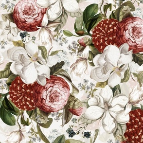 Antique Botanical Magnolias And Camelias Garden, Victorian Home Decor And Wallpaper Chic - double layer - white sepia