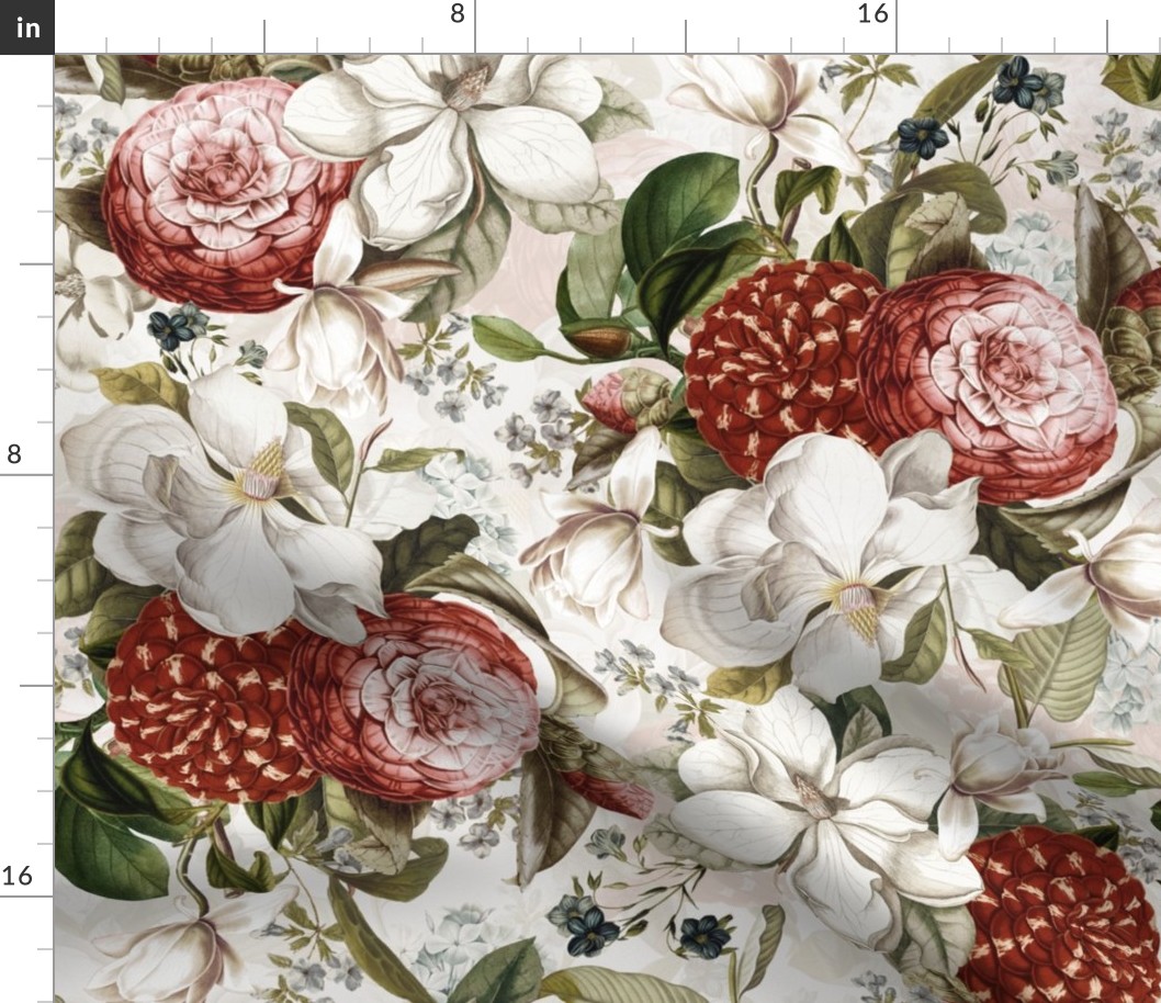 Antique Botanical Magnolias And Camelias Garden, Victorian Home Decor And Wallpaper Chic - double layer - white sepia