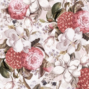 Antique Botanical Magnolias And Camelias Garden, Victorian Home Decor And Wallpaper Chic - double layer - white blush sepia