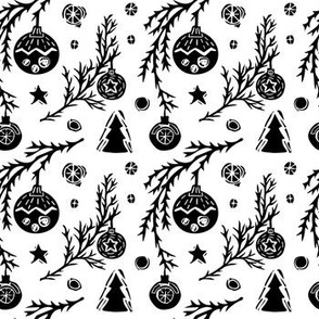 Christmas tree, twig, decorations, snowflakes. Festive Hand printed linocut. 