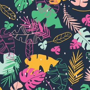 Toucan jungle flora in pink and green navy - large scale