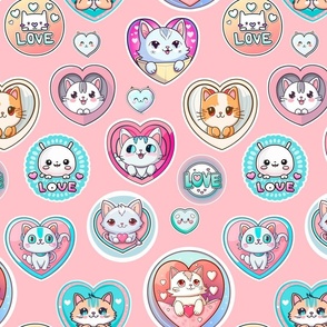 Funny Valentine Cute Cats And Critters Pattern On Pink Medium Scale