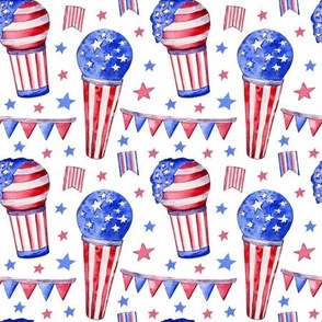 American stars, ice cream. Hand-drawn watercolor patriotic design