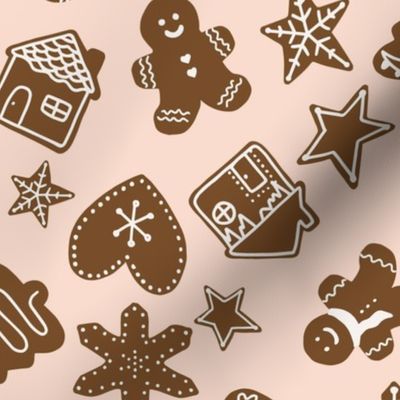 (M) Gingerbread man christmas cookies tossed on pink, medium scale