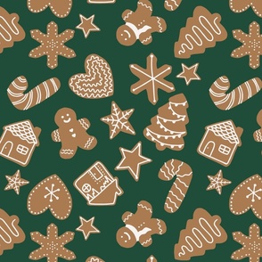Gingerbread man christmas cookies tossed, green, large scale on green
