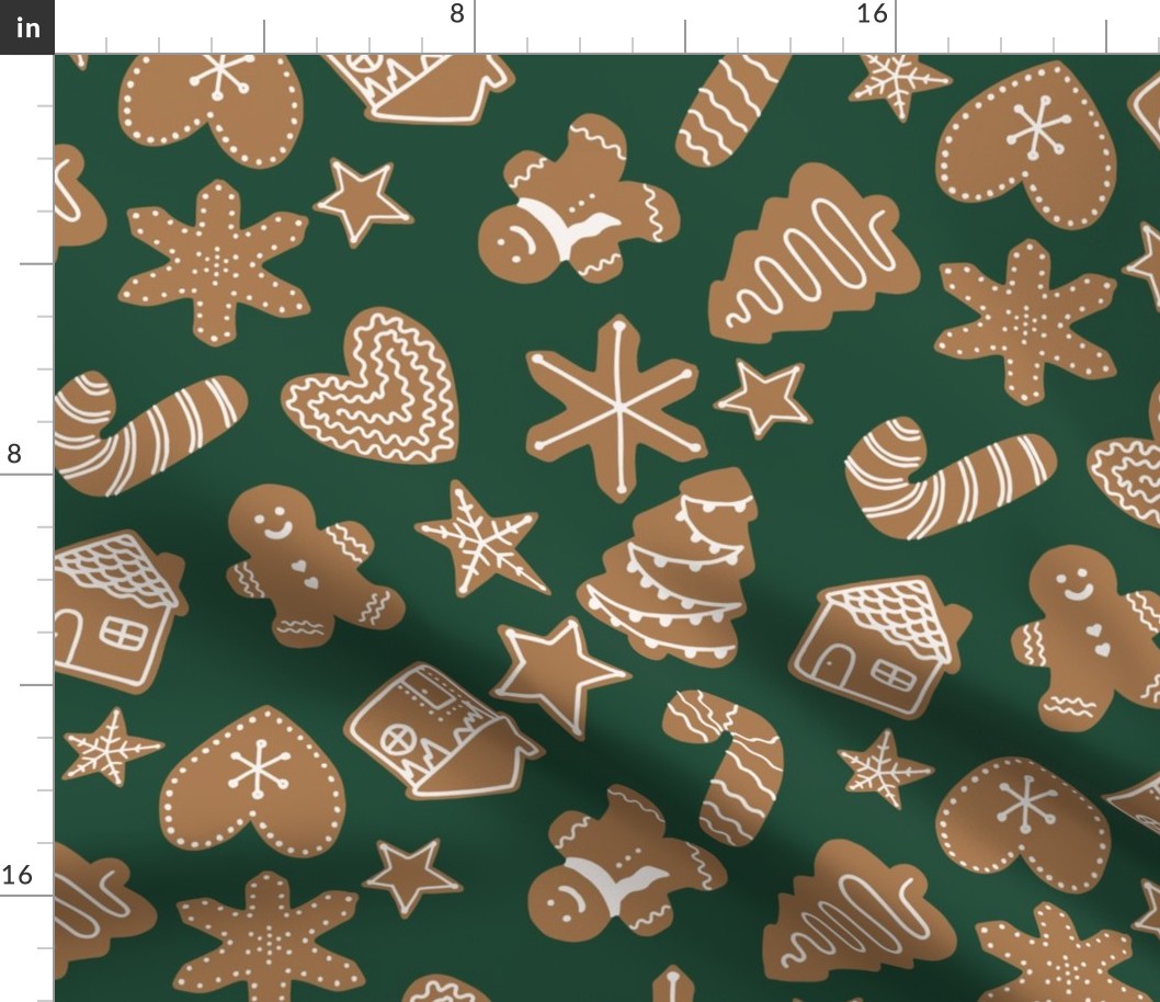 Gingerbread man christmas cookies tossed, green, large scale on green