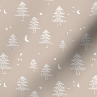 Boho Christmas Celestial forest with pine trees moon and stars winter white on sand beige