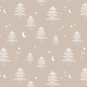 Boho Christmas Celestial forest with pine trees moon and stars winter white on sand beige