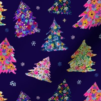 Colorful Holiday Floral Trees // Midnight Blue