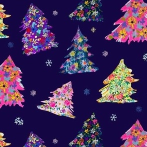 Colorful Holiday Floral Trees // Midnight Blue