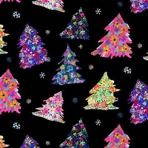 Colorful Holiday Floral Trees // Black