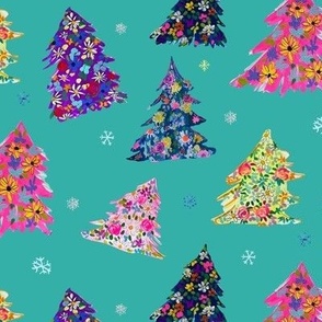 Colorful Holiday Floral Trees // Caribbean Blue 
