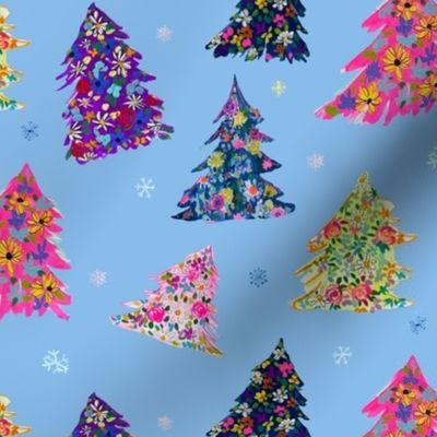 Colorful Holiday Floral Trees // Bright Winter Blue