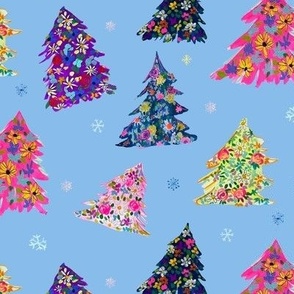 Colorful Holiday Floral Trees // Bright Winter Blue