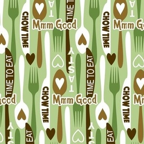 Modern Minimalist Silverware // Spoon, Fork, Knife // Typography // Chow Time, Time to Eat, Mmm Good, Tasty // Green, Brown, White // 684 DPI