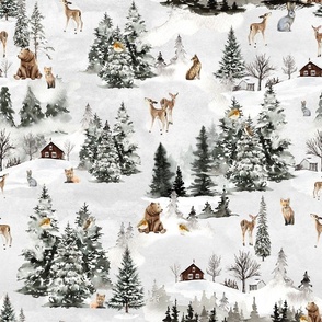 18" Snowy winter landscape with magical houses and watercolor animals like deer,hare,fox,roe deer and trees covered with snow - for Nursery