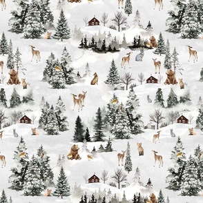 14" Snowy winter landscape with magical houses and watercolor animals like deer,hare,fox,roe deer and trees covered with snow - for Nursery