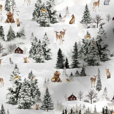 8" Snowy winter landscape with magical houses and watercolor animals like deer,hare,fox,roe deer and trees covered with snow - for Nursery