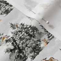 8" Snowy winter landscape with magical houses and watercolor animals like deer,hare,fox,roe deer and trees covered with snow - for Nursery
