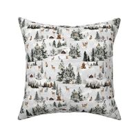 8" Snowy winter landscape with magical houses and watercolor animals like deer,hare,fox,roe deer and trees covered with snow - for Nursery