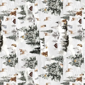 14" turned left -  Snowy winter landscape with magical houses and watercolor animals like deer,hare,fox,roe deer and trees covered with snow - for Nursery