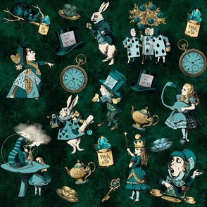 Alice in Wonderland Green and Gold Fabric and Wallpaper Pattern