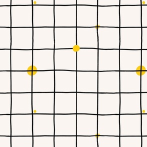 Black watercolor grid stripes  with yellow dots on beige background. Artistic geometric simple pattern.