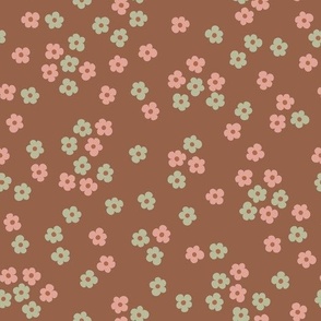 Retro ditsy florals in green and pink ( large scale ).