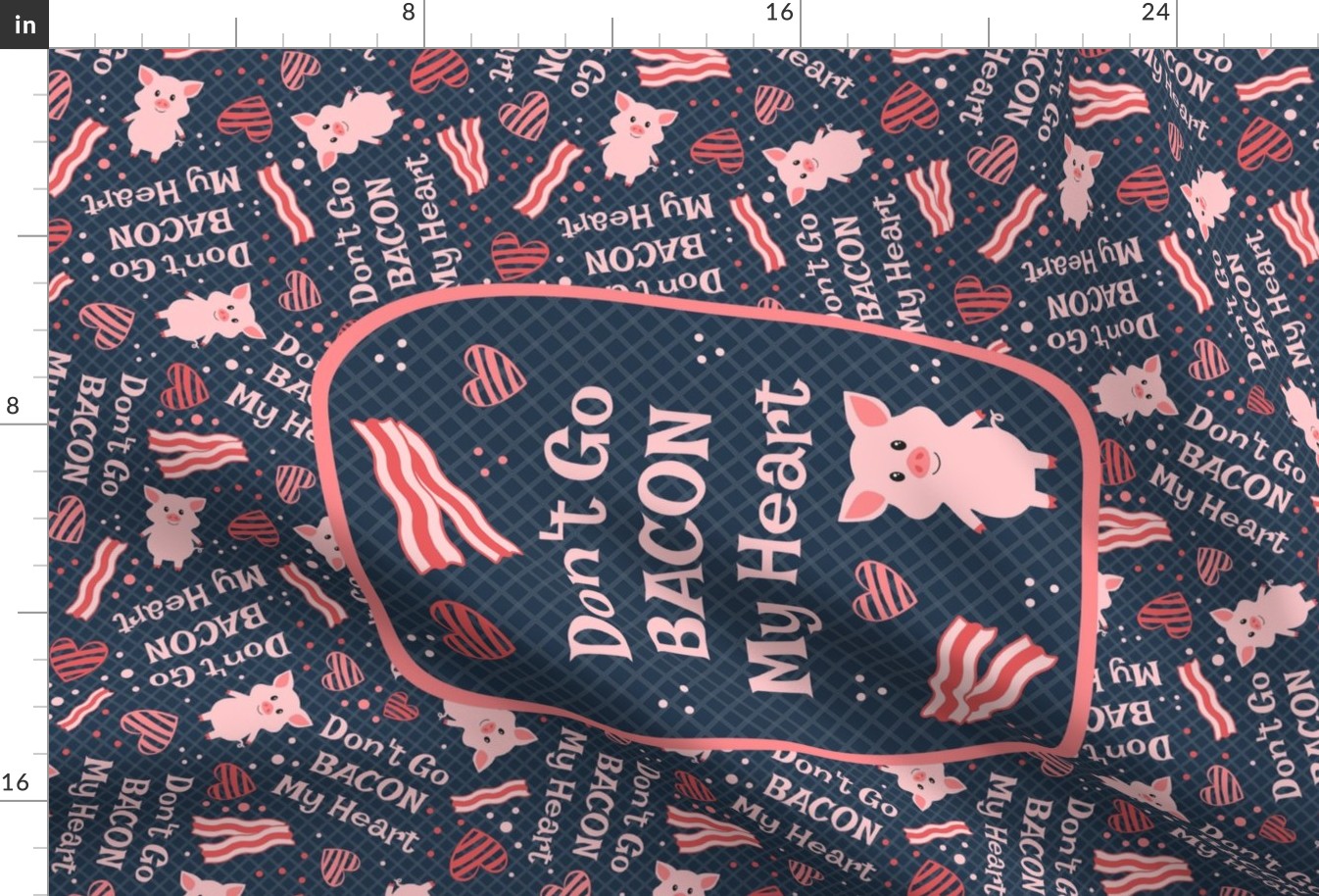 Large 27x18 Fat Quarter Panel Don't Go Bacon My Heart Funny Valentine Pigs for Wall Hanging or Tea Towel