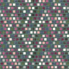 048 - $ Small scale mod pink green purple vibrant, lively and bold geometric checkerboard, organic linear hand drawn textures in contrasting colours, for adult apparel, elegant pjs, pretty pillows and cosy home decor 