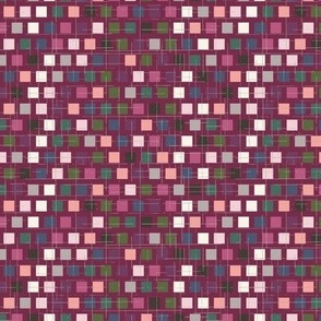 048 - $ Small scale charcoal, berry and mauve mod vibrant, lively and bold geometric checkerboard, organic linear hand drawn textures in contrasting colours, for adult apparel, elegant pjs, pretty pillows and cosy home decor 