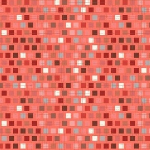 048 - Small scale mod vibrant coral, cream and red, lively and bold geometric checkerboard, organic linear hand drawn textures in contrasting colours, for adult apparel, elegant pjs, pretty pillows and cosy home decor 