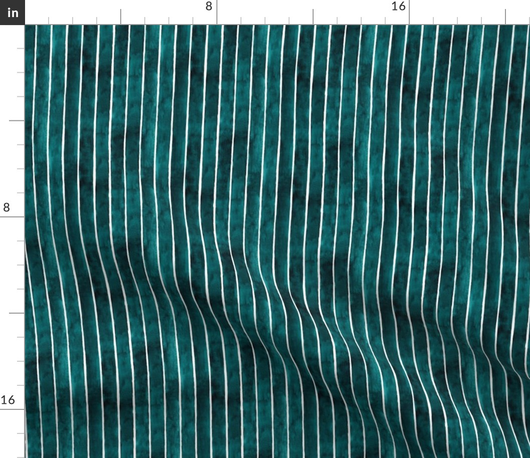 Dark Teal Broad Vertical Stripes - Ditsy Scale - Watercolor Textured Bright Jewel Teal