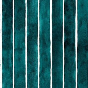 Dark Teal Broad Vertical Stripes - Medium Scale - Watercolor Textured Bright Jewel Emerald