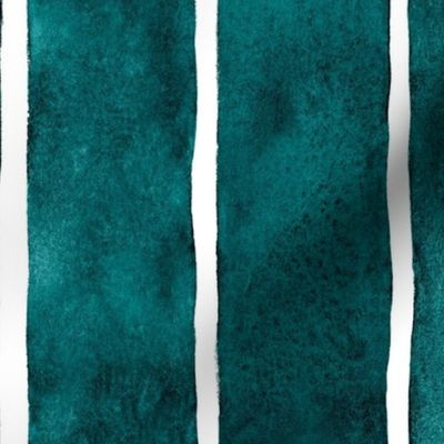 Dark Teal Broad Vertical Stripes - Large Scale - Watercolor Textured Bright Jewel Teal
