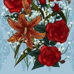 Lilies and Roses on Blue