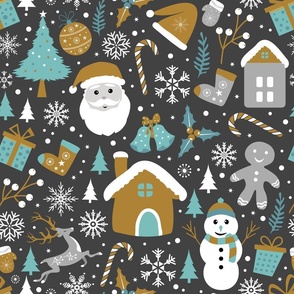 Fun Christmas Pattern - Grey Brown Teal on Dark
