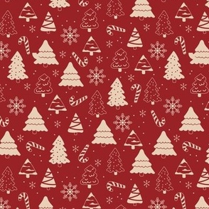 Boho christmas trees candy and snow flakes minimalist freehand vintage seventies trend cream on red