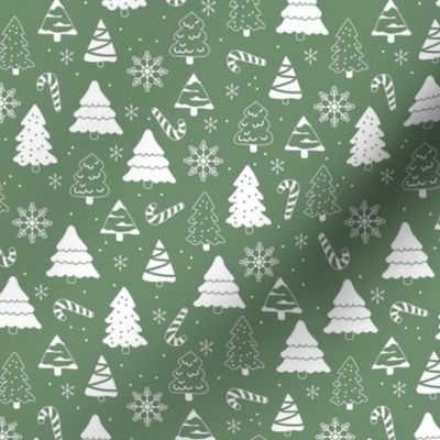 Boho christmas trees candy and snow flakes minimalist freehand vintage seventies trend white on olive green