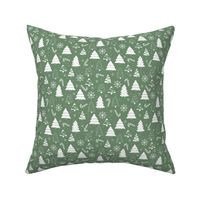 Boho christmas trees candy and snow flakes minimalist freehand vintage seventies trend white on olive green