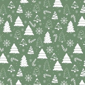 Boho christmas trees candy and snow flakes minimalist freehand vintage seventies trend white on olive green