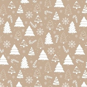 Boho christmas trees candy and snow flakes minimalist freehand vintage seventies trend white on tan beige