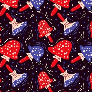Hand drawn red and blue fly agarics on a dark background
