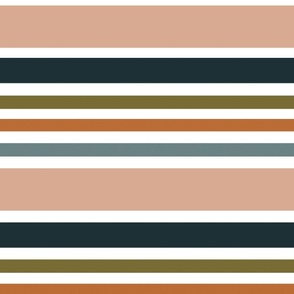 Peach, Navy Blue, Rust Orange And Olive Green Horizontal Stripes Large
