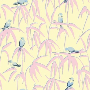 Blue birds and pink bamboo branches