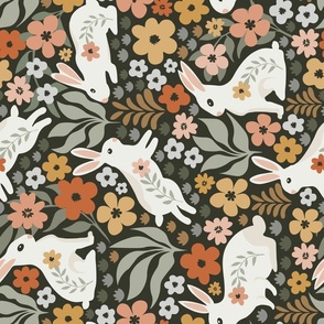 White Rabbit Bunny Floral Pattern - Bunny Print