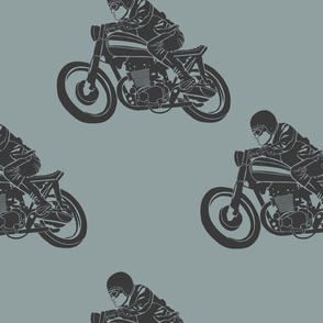 Vintage Cafe Racer Motorcycle Rider Blue Gray Oversize