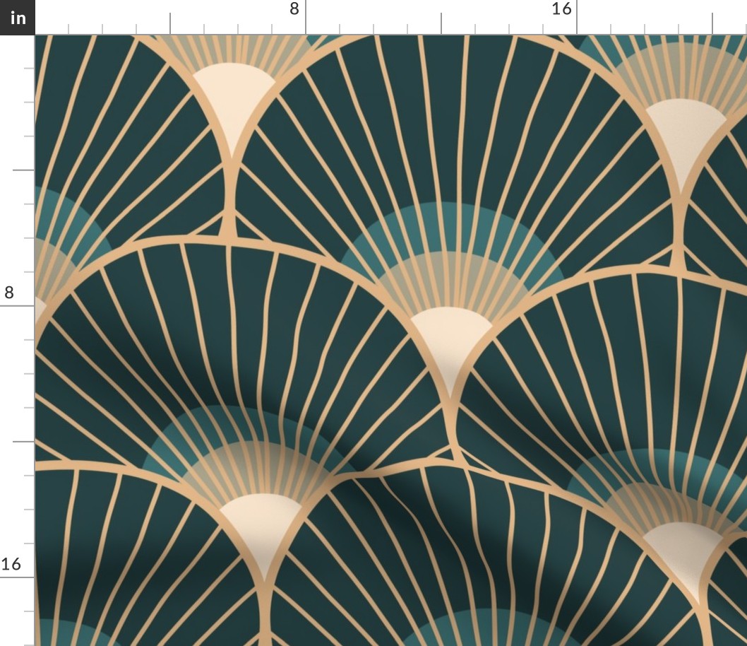 Art Deco Peacock Feather Fan Scallop midnight moon XL 12in wallpaper scale by Pippa Shaw