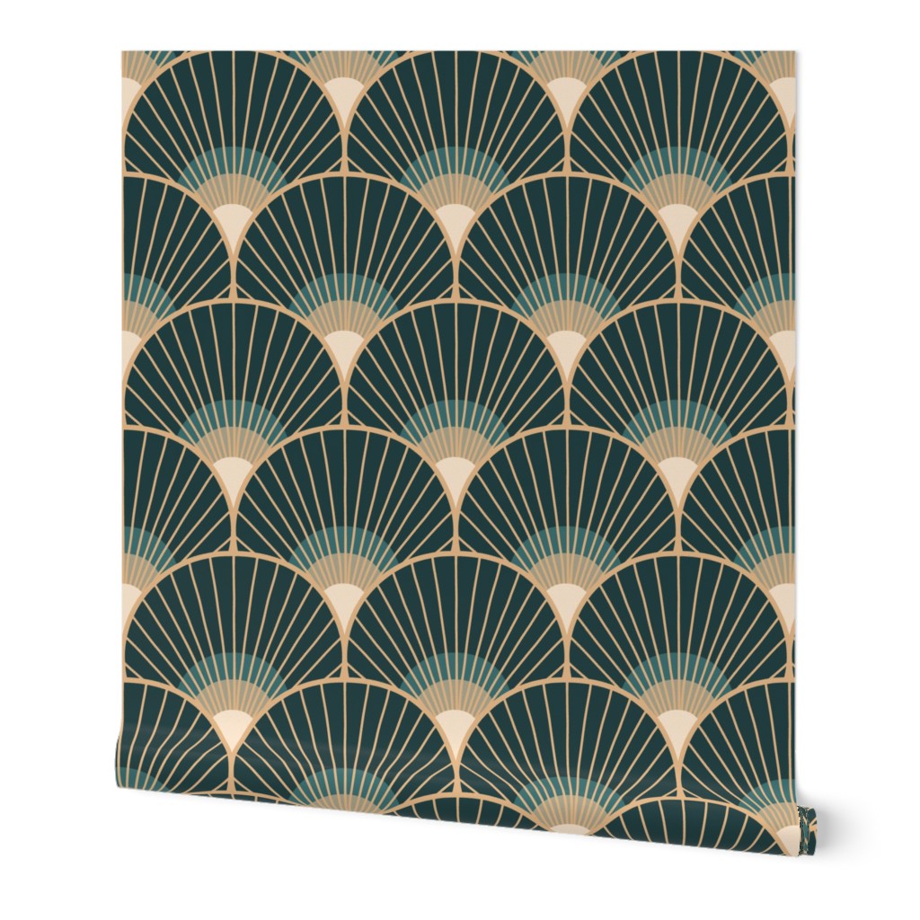 Art Deco Peacock Feather Fan Scallop midnight moon 8in wallpaper scale by Pippa Shaw