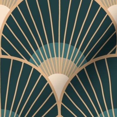 Art Deco Peacock Feather Fan Scallop midnight moon 8in wallpaper scale by Pippa Shaw